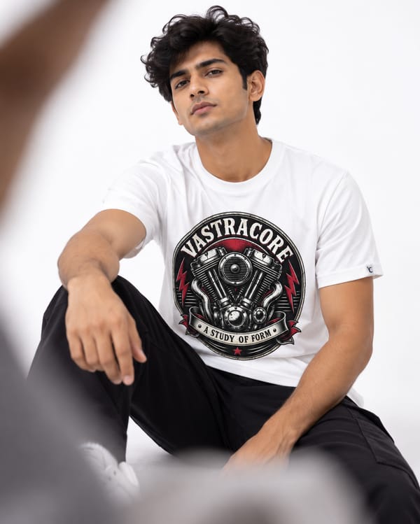 Men's V-Twin Badge Oversized Sueded Graphic T-Shirt — White