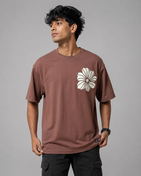 Men's No Rain No Flowers Oversized Print T-Shirt — Coffee Brown