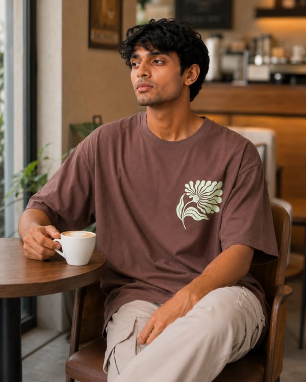 Men's Soft Bloom Oversized Print T-Shirt — Coffee Brown