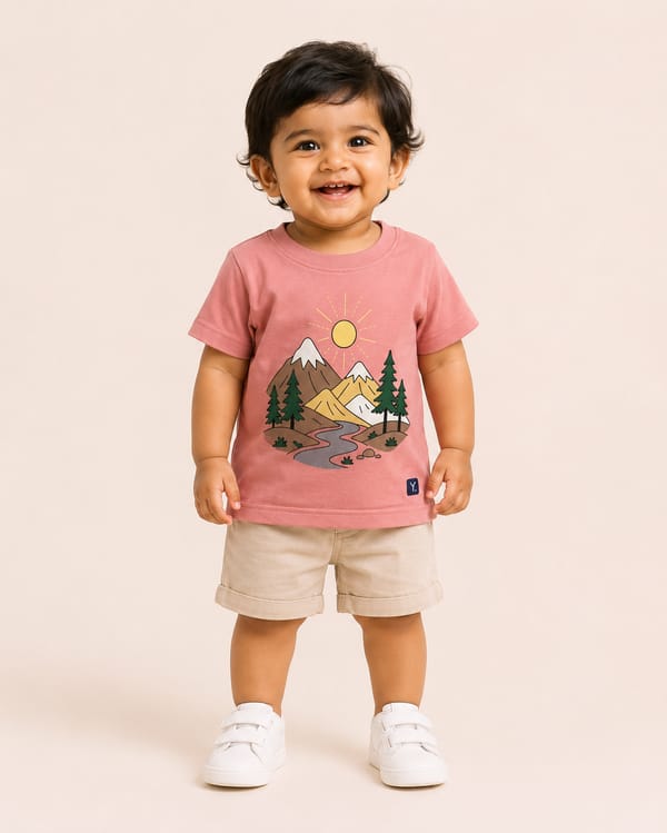 Kids' Watercolour Mountain Front-Print Cotton T-Shirt — Blush Pink