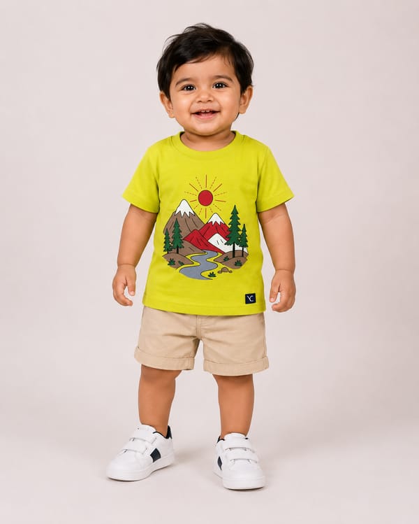 Kids' Watercolour Mountain Front-Print Cotton T-Shirt — Butter Yellow