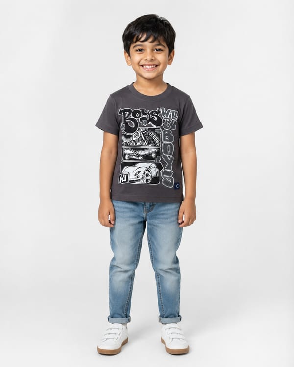 Kids' Boys Will Be Boys Oversized Print T-Shirt — Charcoal Grey